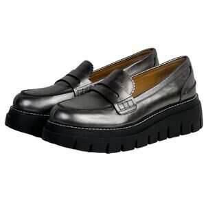 JSlides Tyler Platform Loafer Women 8.5 Metallic Silver Leather Chunky Sole Shoe